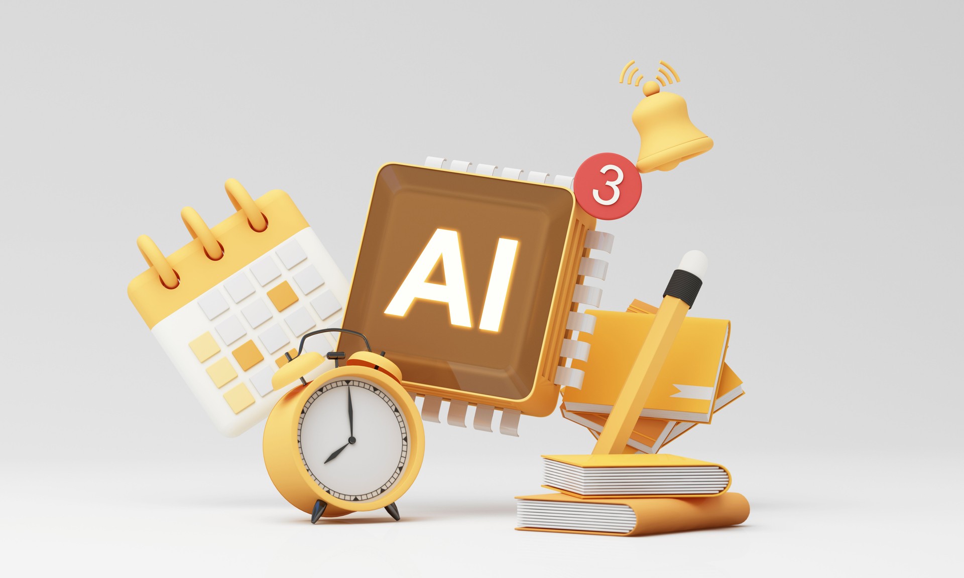 AI with books, pencil, calendar, and alerts symbolizing smart learning, task management, and productivity through automation. 3d rendering.