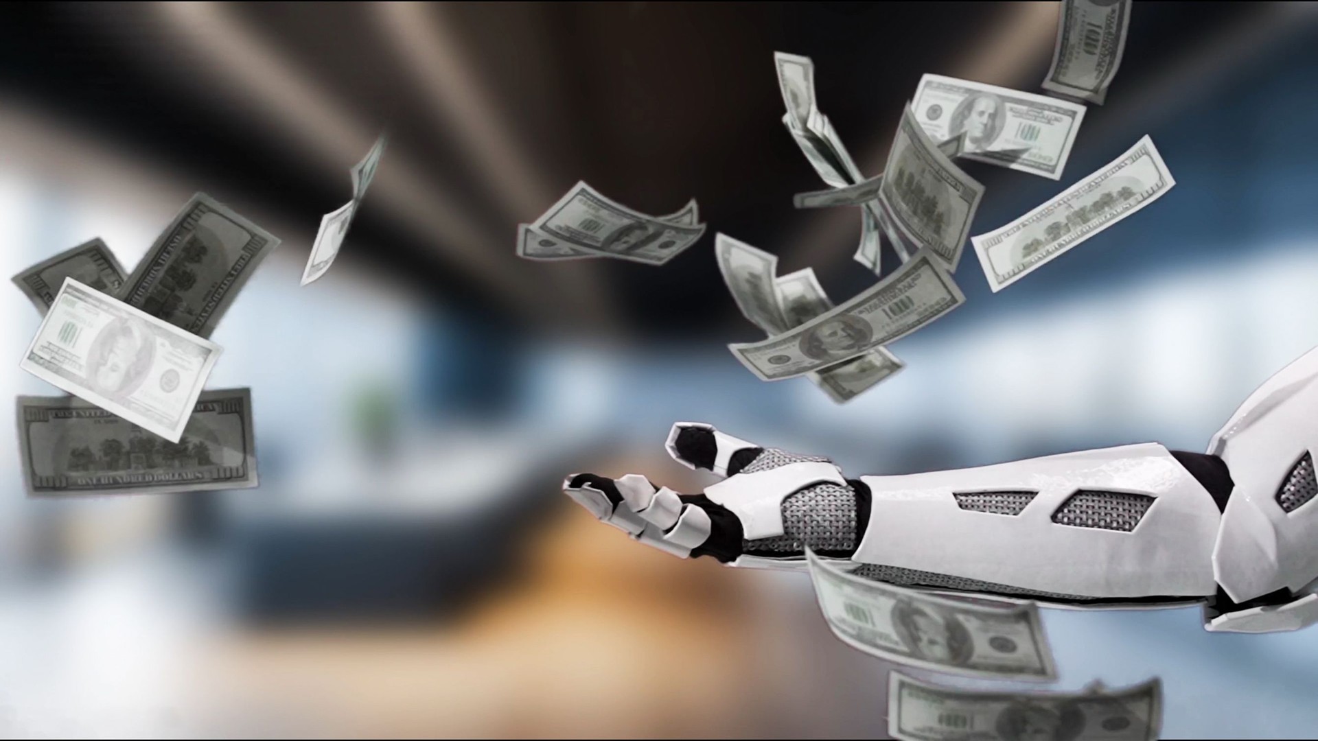 Futuristic robotic arm reaching out with floating dollar bills in a modern office setting, symbolizing technology, finance, and innovation in a digital world
