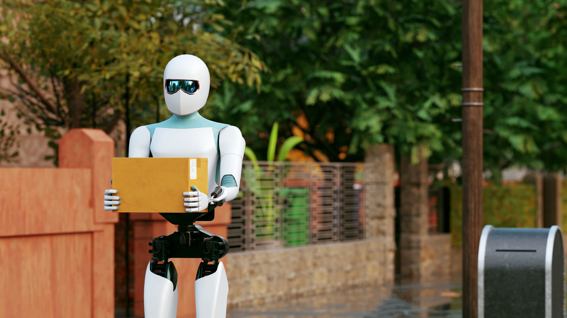 AI-Powered Logistics – Robot Transporting Package in Cityscape