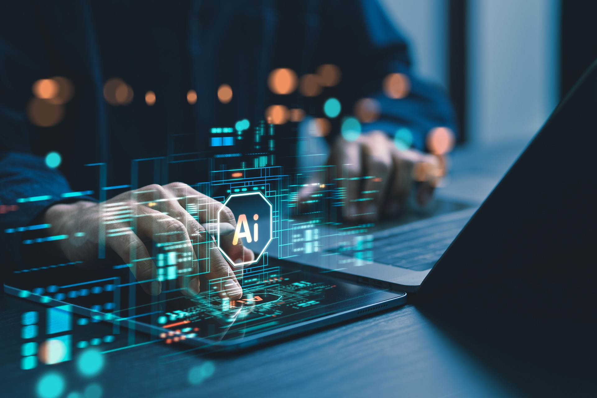 Humans are using laptops and computers to interact with AI, helping them create, code, train AI, or analyze big data with fast, cutting-edge  technology.